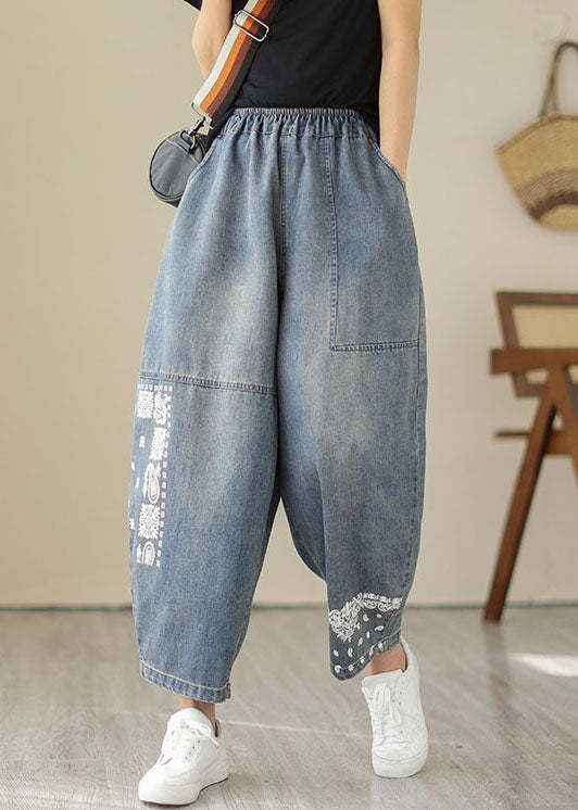 Poches brodées rétro Blue Patchwork Denim Pantalon Summer