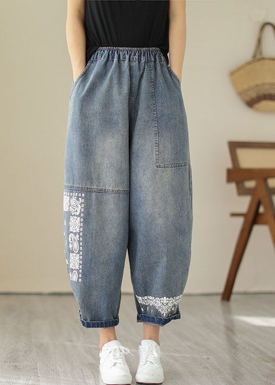 Retro Blue Embroideried Pockets Patchwork Denim Pants Summer