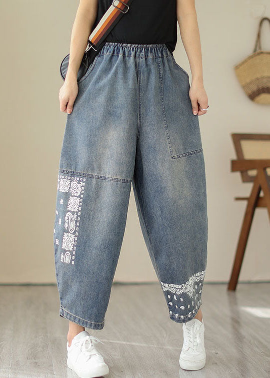 Retro Blue Embroideried Pockets Patchwork Denim Pants Summer