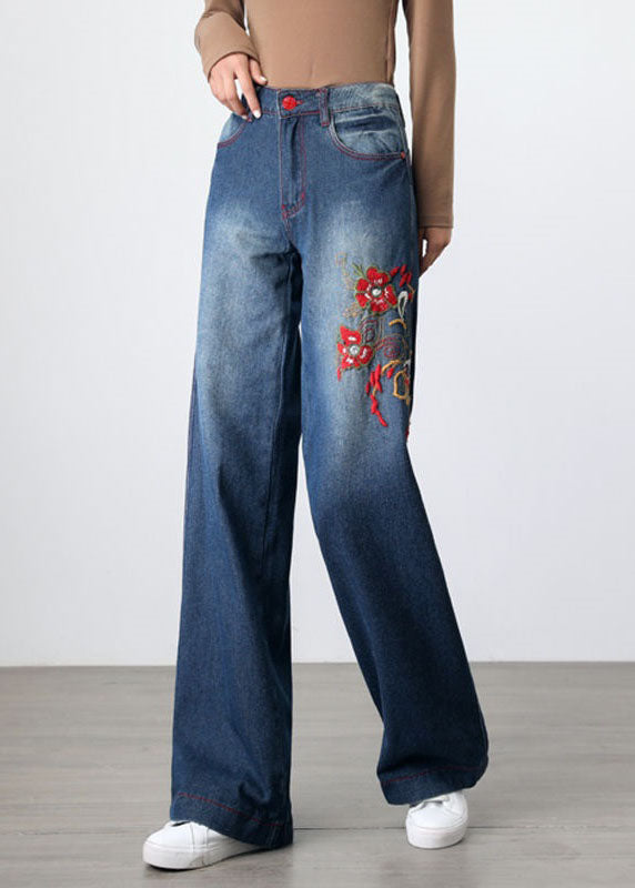 Poches brodées rétro Blue Patchwork Denim Pantalon de jambe large