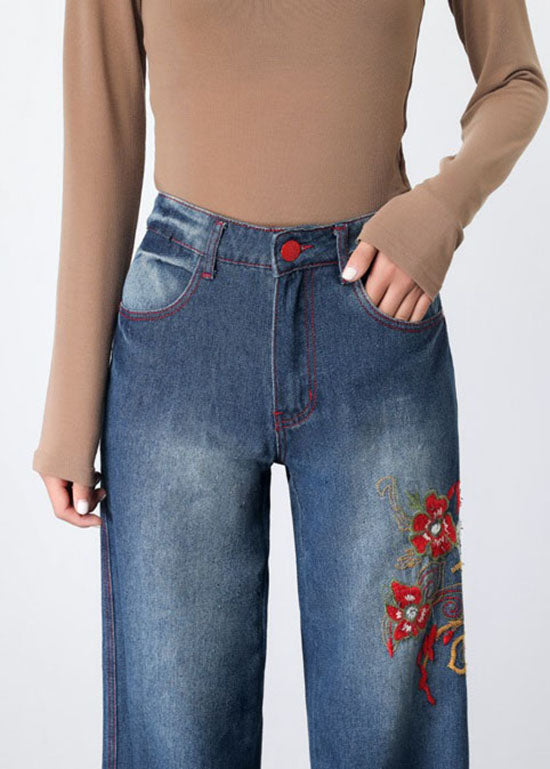 Poches brodées rétro Blue Patchwork Denim Pantalon de jambe large