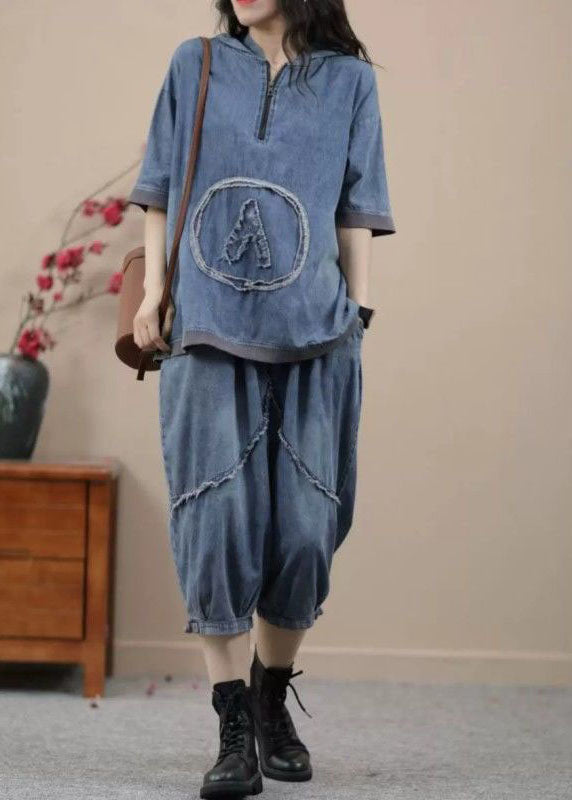 Retro Blue Hooded Zippered Patchwork Denim deux pièces Set Summer