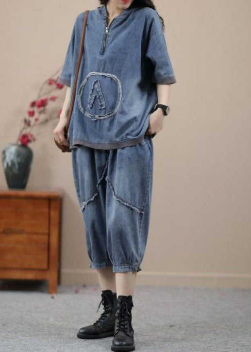 Retro Blue Hooded Zippered Patchwork Denim deux pièces Set Summer