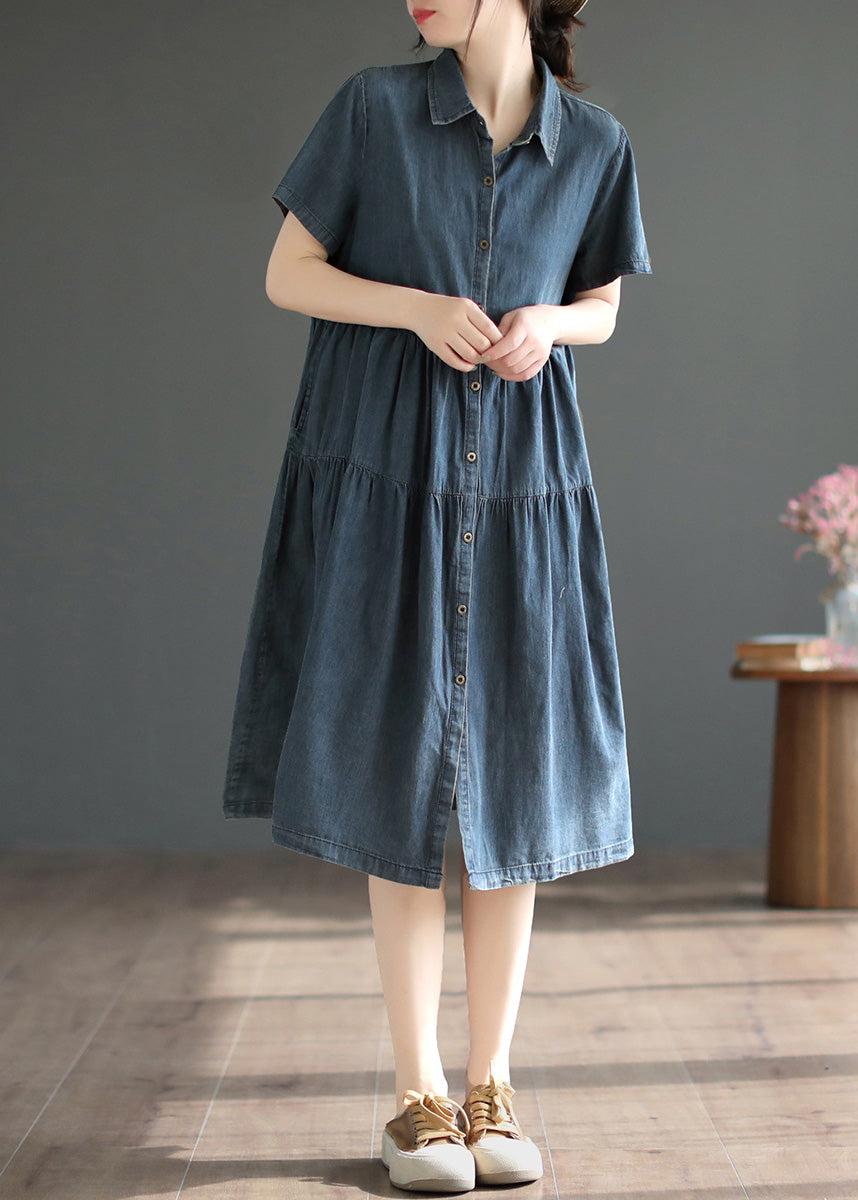 Retro Blue Patchwork Solid Silk Vacation Denim Long Shirt Robes Summer