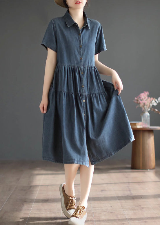 Retro Blue Patchwork Solid Silk Vacation Denim Long Shirt Robes Summer