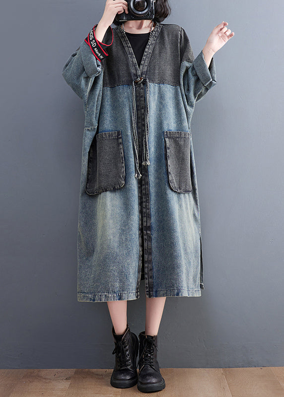 Retro Blue V Neck Pockets Patchwork Button Bouton Denim Long Trench Coats Fall