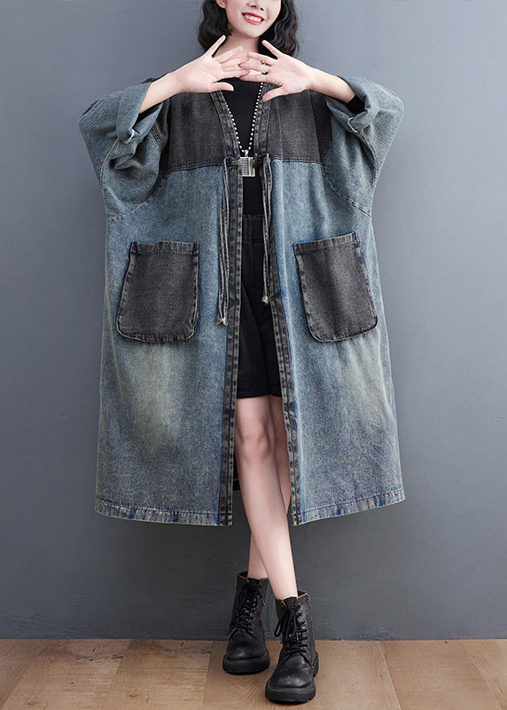 Retro Blue V Neck Pockets Patchwork Button Bouton Denim Long Trench Coats Fall