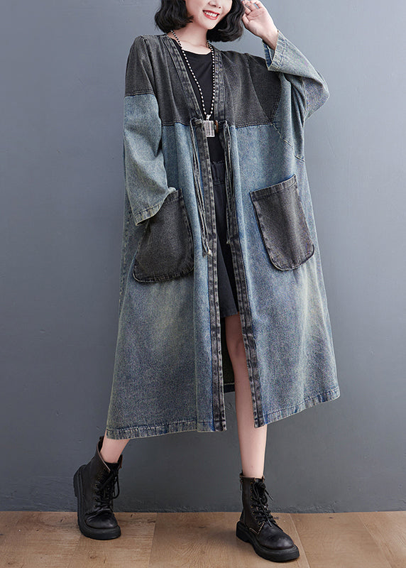 Retro Blue V Neck Pockets Patchwork Button Bouton Denim Long Trench Coats Fall