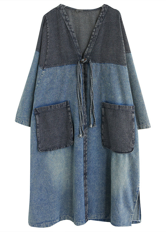 Retro Blue V Neck Pockets Patchwork Button Bouton Denim Long Trench Coats Fall