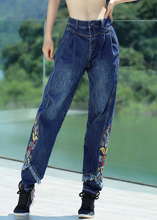 Bouton bleu rétro en denim Boute brodé pantalon droit floral printemps