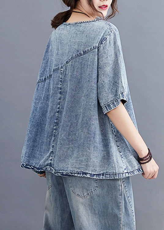 Retro Denim Blue O Neck Patchwork Half Half Sleeve