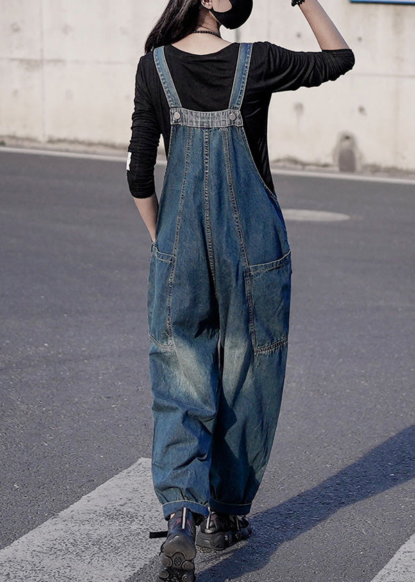 Retro Denim Blue Patchwork Button Harem Jumps Suit