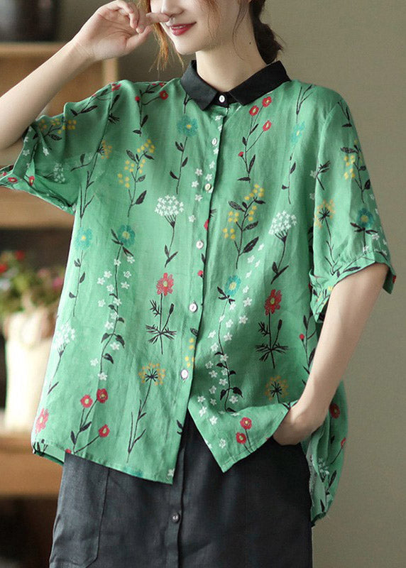 Retro Green Peter Pan Collar Imprimer Bouton Shirts en lin Malf manche