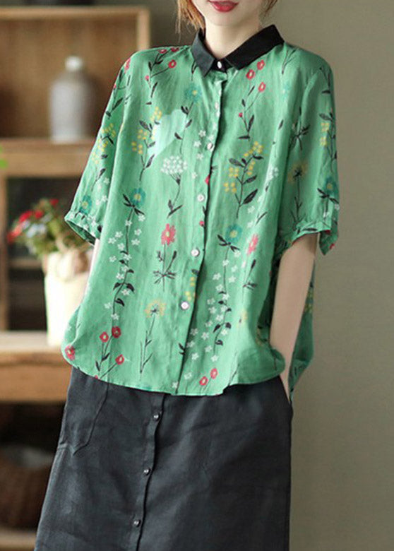 Retro Green Peter Pan Collar Imprimer Bouton Shirts en lin Malf manche