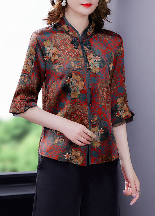 Retro Red Stand Collar Print Chinese Button Silk Shirt Summer