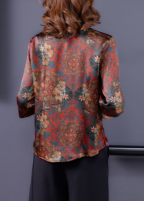 Retro Red Stand Collar Print Chinese Button Silk Shirt Summer