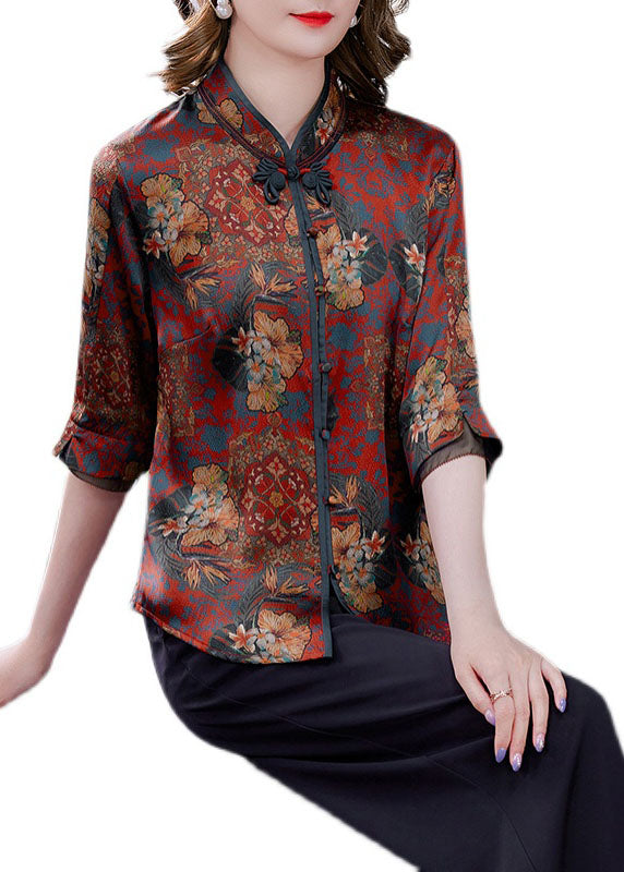 Retro Red Stand Collar Print Chinese Button Silk Shirt Summer