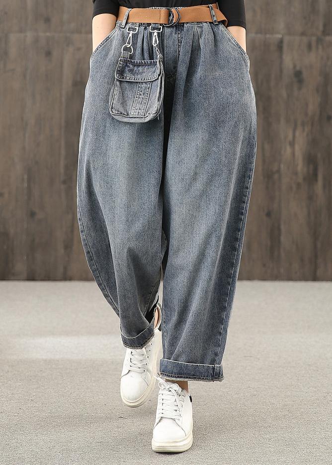 Retro denim blue autumn new trousers plus size harem pants - SooLinen