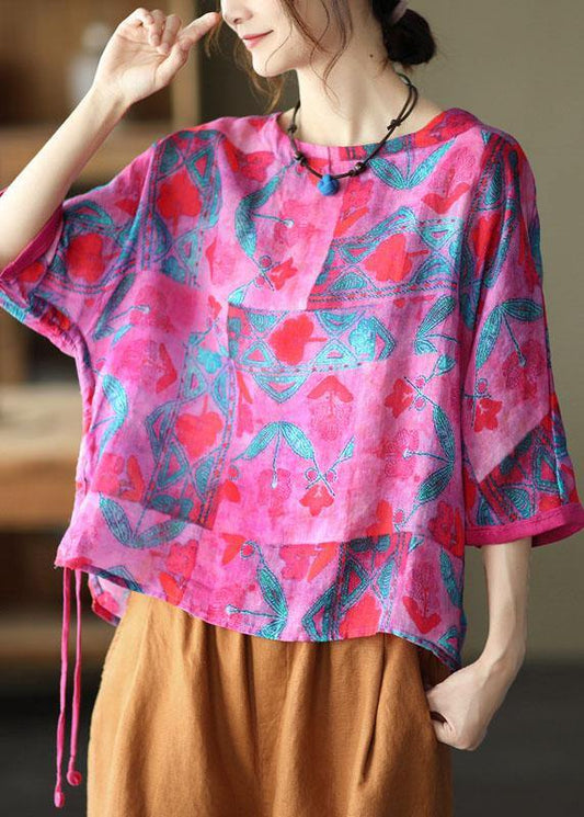 Rose Print Side Open Drawstring Print Summer Ramie Blouses - SooLinen