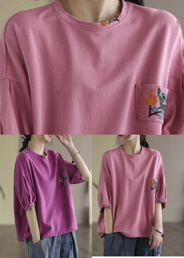 Poches à col o à col rose T-shirt demi-manche