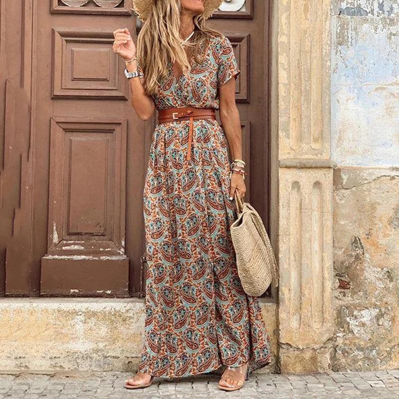 Summer Beach Maxi Dress Women Floral Print Boho Long Dress Casual V-Neck Split Sexy Party Dress Robe Femme - SooLinen