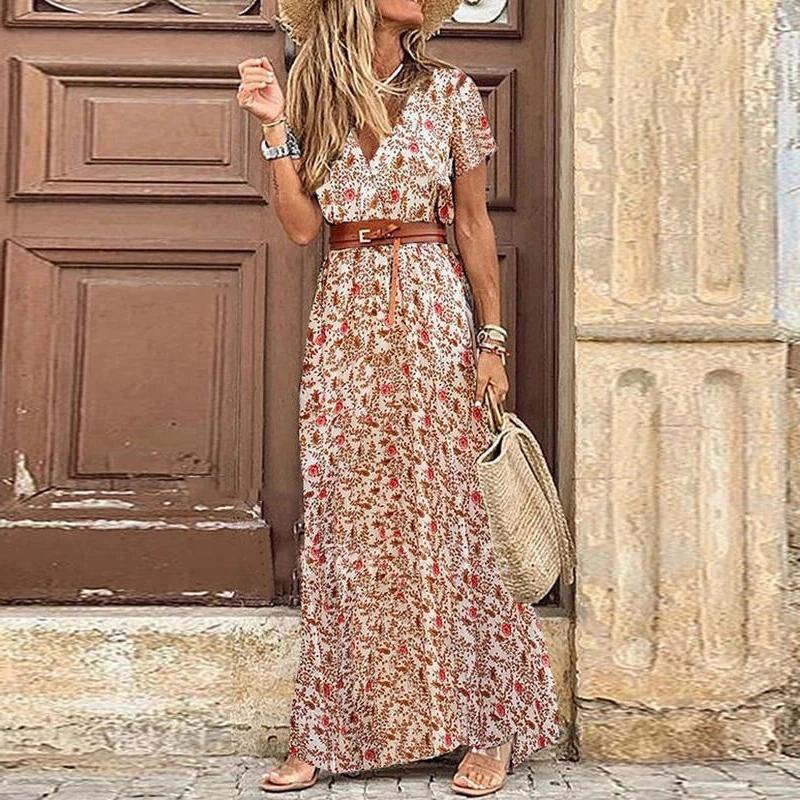 Summer Beach Maxi Dress Women Floral Print Boho Long Dress Casual V-Neck Split Sexy Party Dress Robe Femme - SooLinen