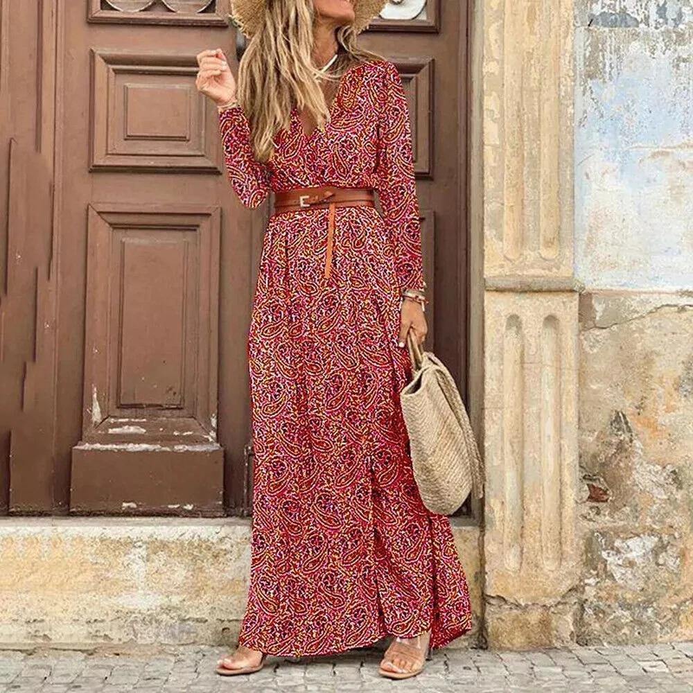 Summer Beach Maxi Dress Women Floral Print Boho Long Dress Casual V-Neck Split Sexy Party Dress Robe Femme - SooLinen