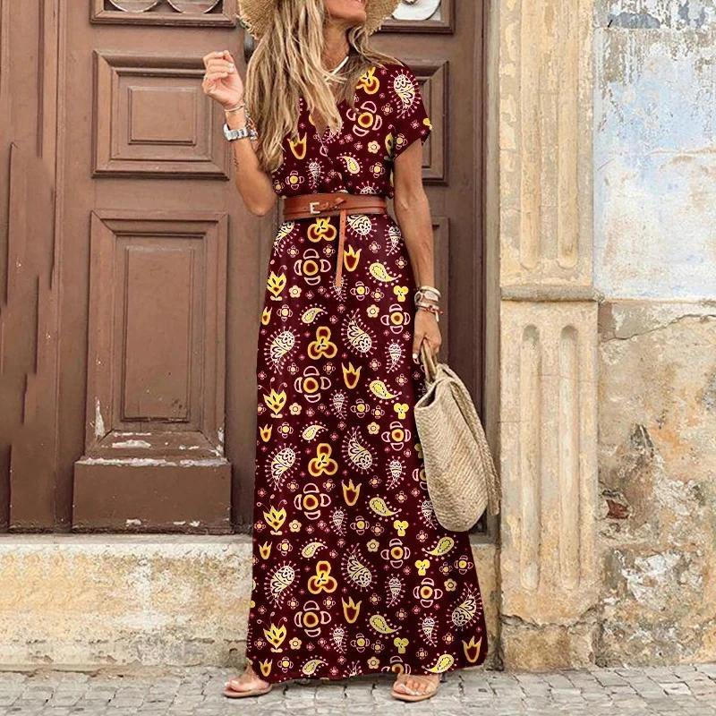 Summer Beach Maxi Dress Women Floral Print Boho Long Dress Casual V-Neck Split Sexy Party Dress Robe Femme - SooLinen