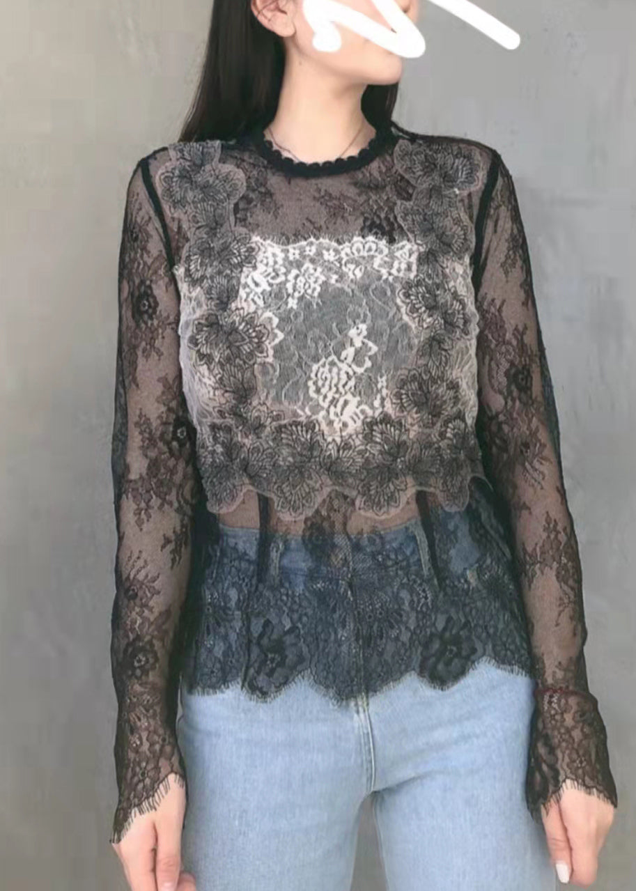 Sexy Black Hollow Out O-Neck Broideried Lace Top Long Manneve