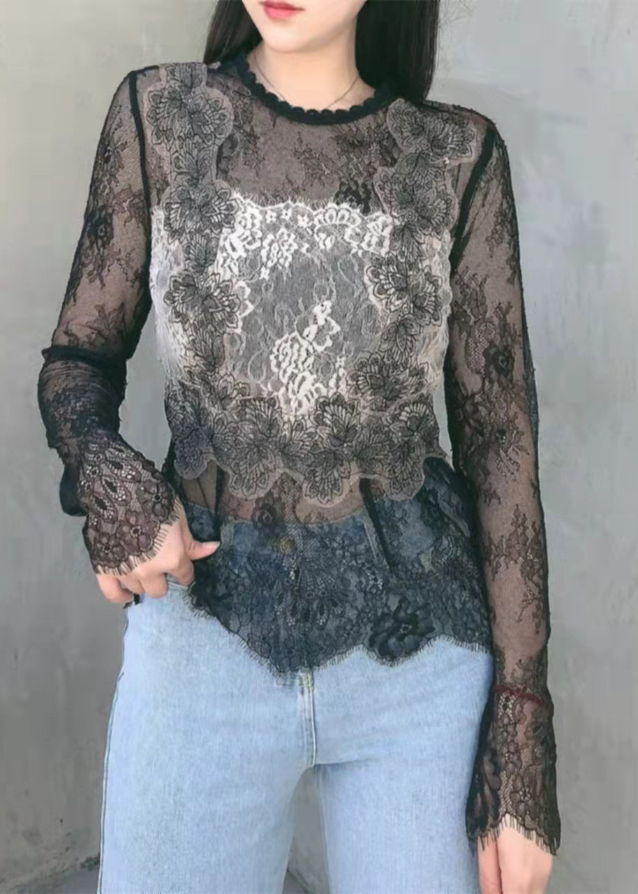 Sexy Black Hollow Out O-Neck Broideried Lace Top Long Manneve