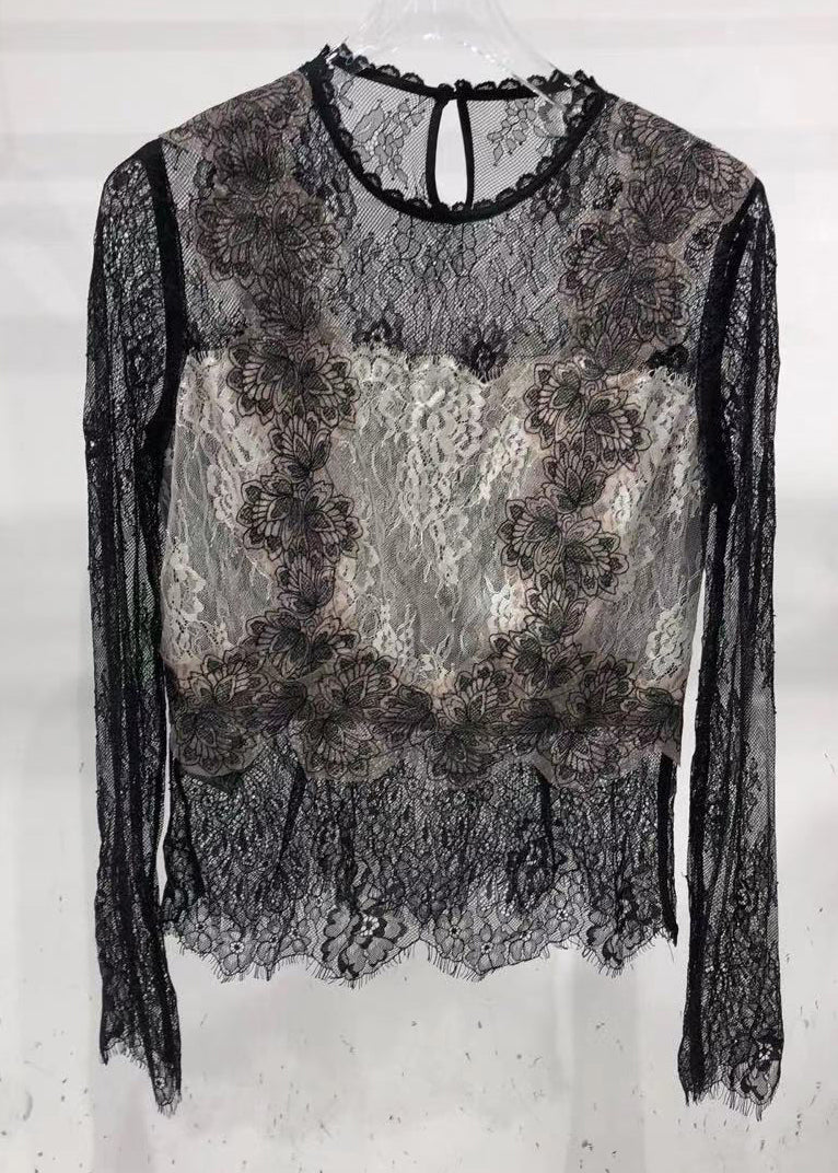 Sexy Black Hollow Out O-Neck Broideried Lace Top Long Manneve