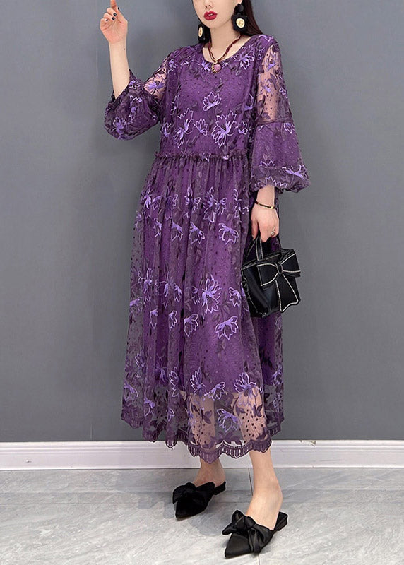 Sexy Purple O-Neck Ruffled Print Lace Long Dress lantern sleeve