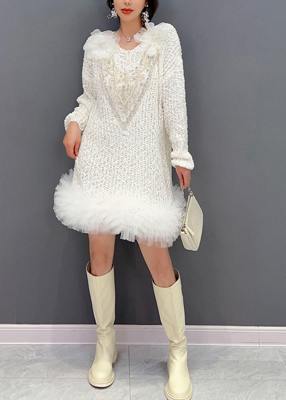 Robe en tricot à col de tulle blanc sexy