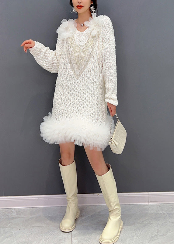 Robe en tricot à col de tulle blanc sexy