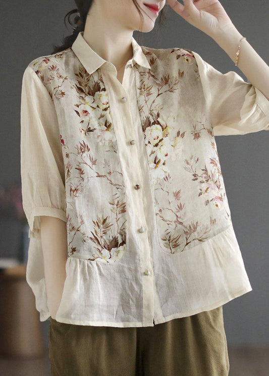 Abricot simple Peter Pan Collar Print Linen Blouse Top Summer