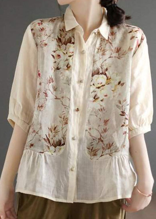 Abricot simple Peter Pan Collar Print Linen Blouse Top Summer