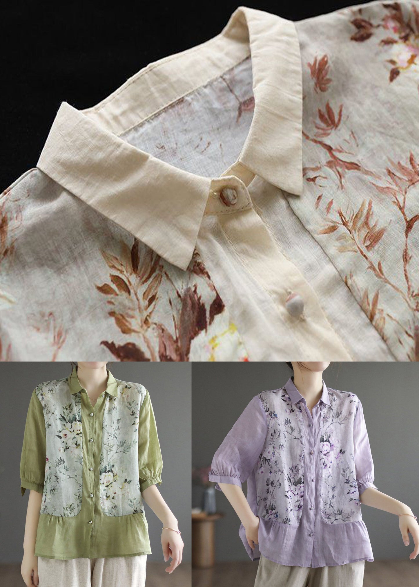 Abricot simple Peter Pan Collar Print Linen Blouse Top Summer