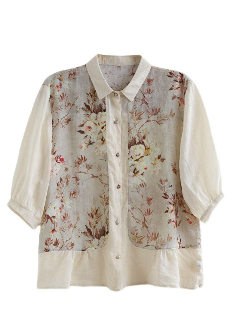 Abricot simple Peter Pan Collar Print Linen Blouse Top Summer