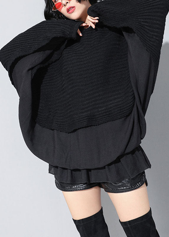 Simple Black Bat Wing Sleeve Patchwork Ruffles Fall Tops