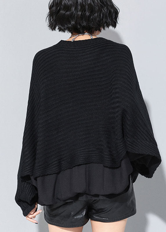 Simple Black Bat Wing Sleeve Patchwork Ruffles Fall Tops