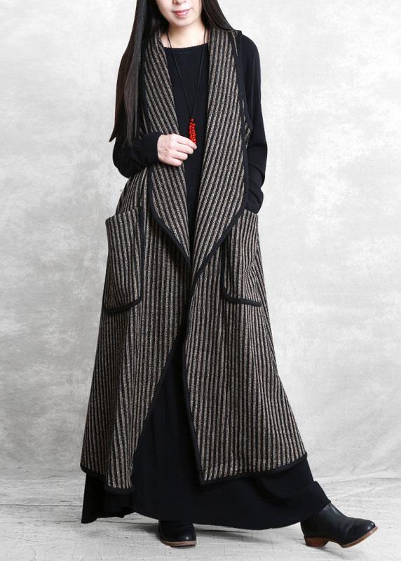 Simple Black Chocolate Striped Pockets Peter Pan Collar Fall Waistcoat Long - SooLinen