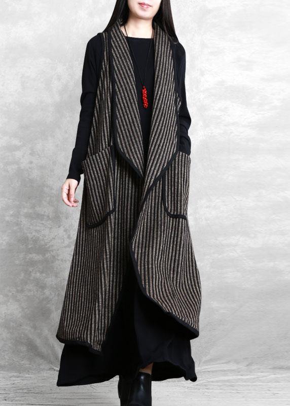 Simple Black Chocolate Striped Pockets Peter Pan Collar Fall Waistcoat Long - SooLinen