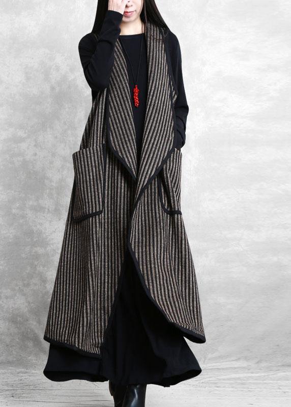 Simple Black Chocolate Striped Pockets Peter Pan Collar Fall Waistcoat Long - SooLinen