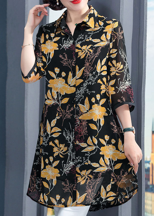 Simple Black Peter Pan Collar Yellow Print Silk Long Shirt Half Sleeve