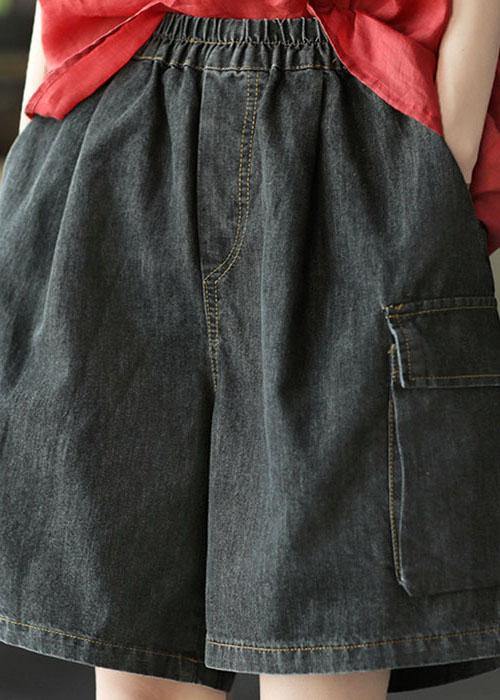 Simple Black Pockets Wide Leg Summer Denim Hot Pants - SooLinen