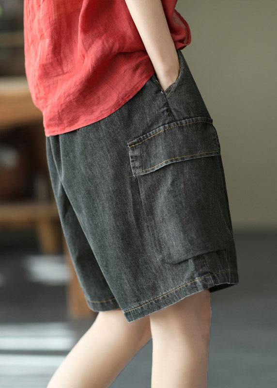 Simple Black Pockets Wide Leg Summer Denim Hot Pants - SooLinen