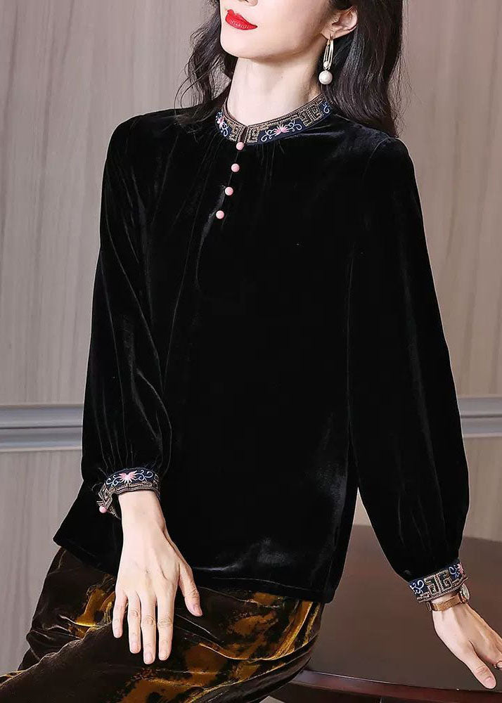 Simple Black Stand Collar Embroideried Silk Velour Top Spring