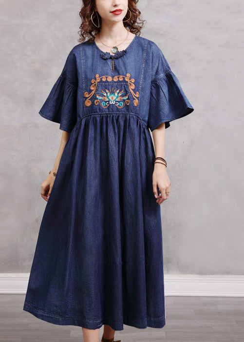 Simple Blue Blue Broideried Colond Cotton Denim Robes Flare Sleeve