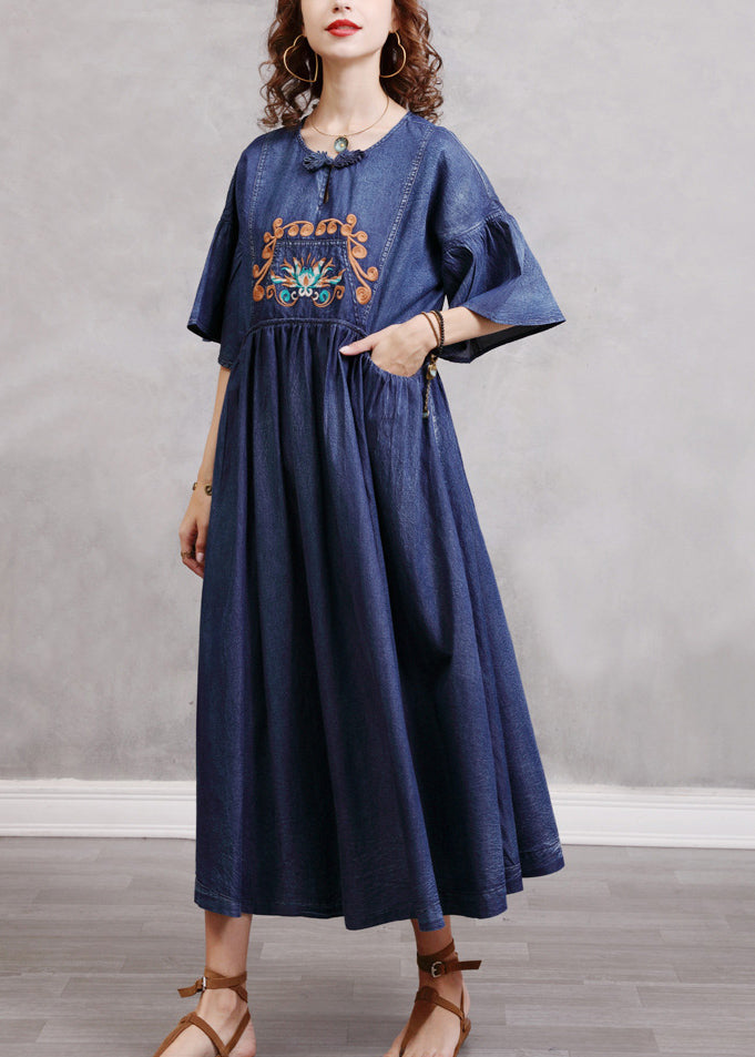 Simple Blue Blue Broideried Colond Cotton Denim Robes Flare Sleeve