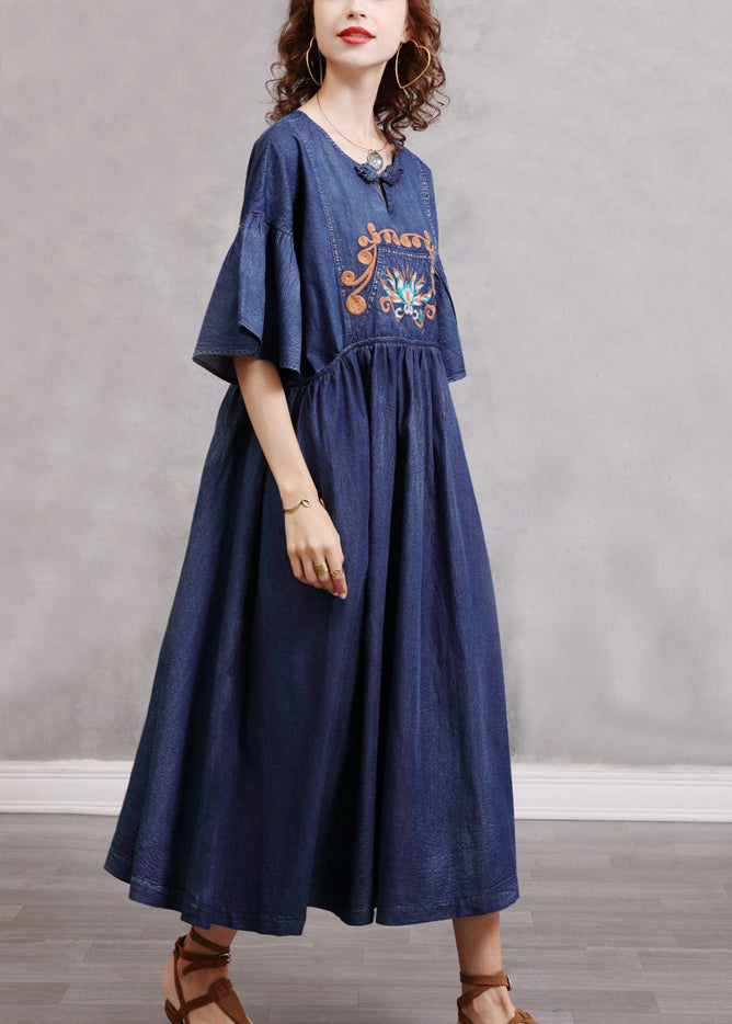 Simple Blue Blue Broideried Colond Cotton Denim Robes Flare Sleeve